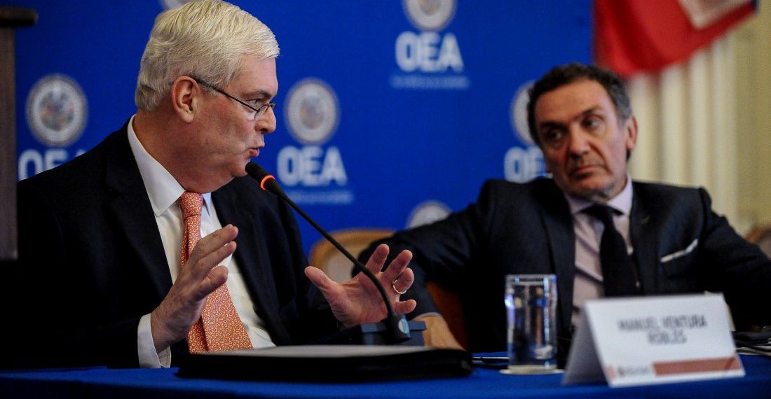Manuel Ventura Robles and Santiago Cantón participate in the Organization of American States (OAS) news conference with a panel of independent international experts who will present their conclusions and recommendations on "whether crimes against humanity have been committed in Venezuela", in Washington, U.S., May 29, 2018. REUTERS/Mary F. Calvert